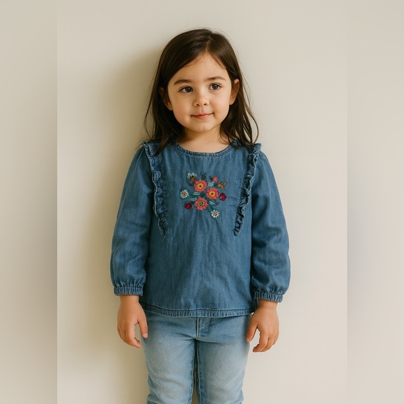 • Mini Boden • Girls Denim Long Sleeve Embroidered Shirt 3-4 - Picture 1 of 4